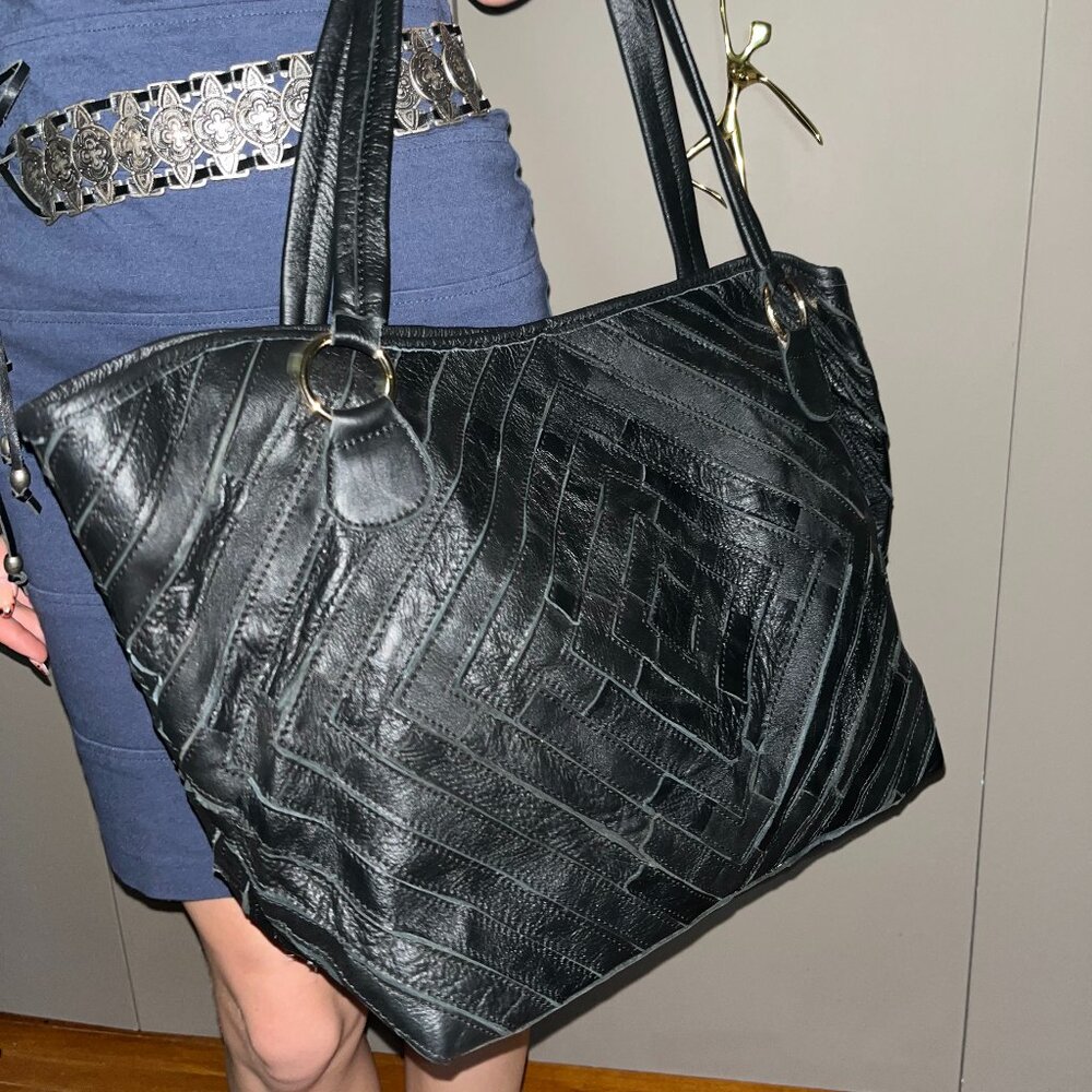 Genuine Black Leather Tote with Patchwork and Metal Rings